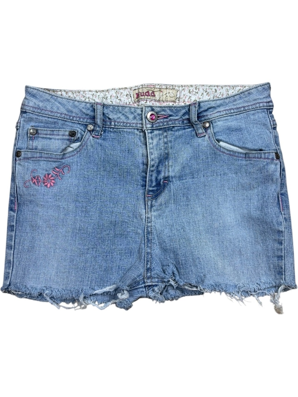 Mudd Y2K Pink Floral Embroidered Denim Mini Shorts
